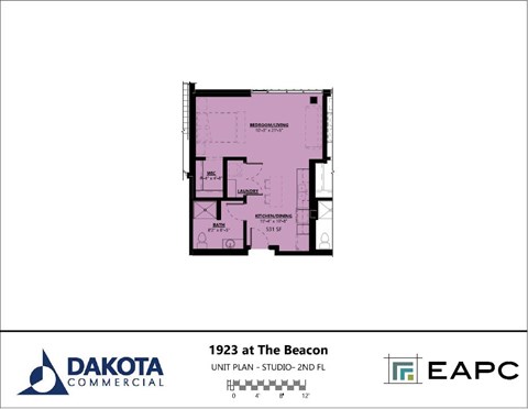 Floor plan for studio, 1 bath, 531 sqft